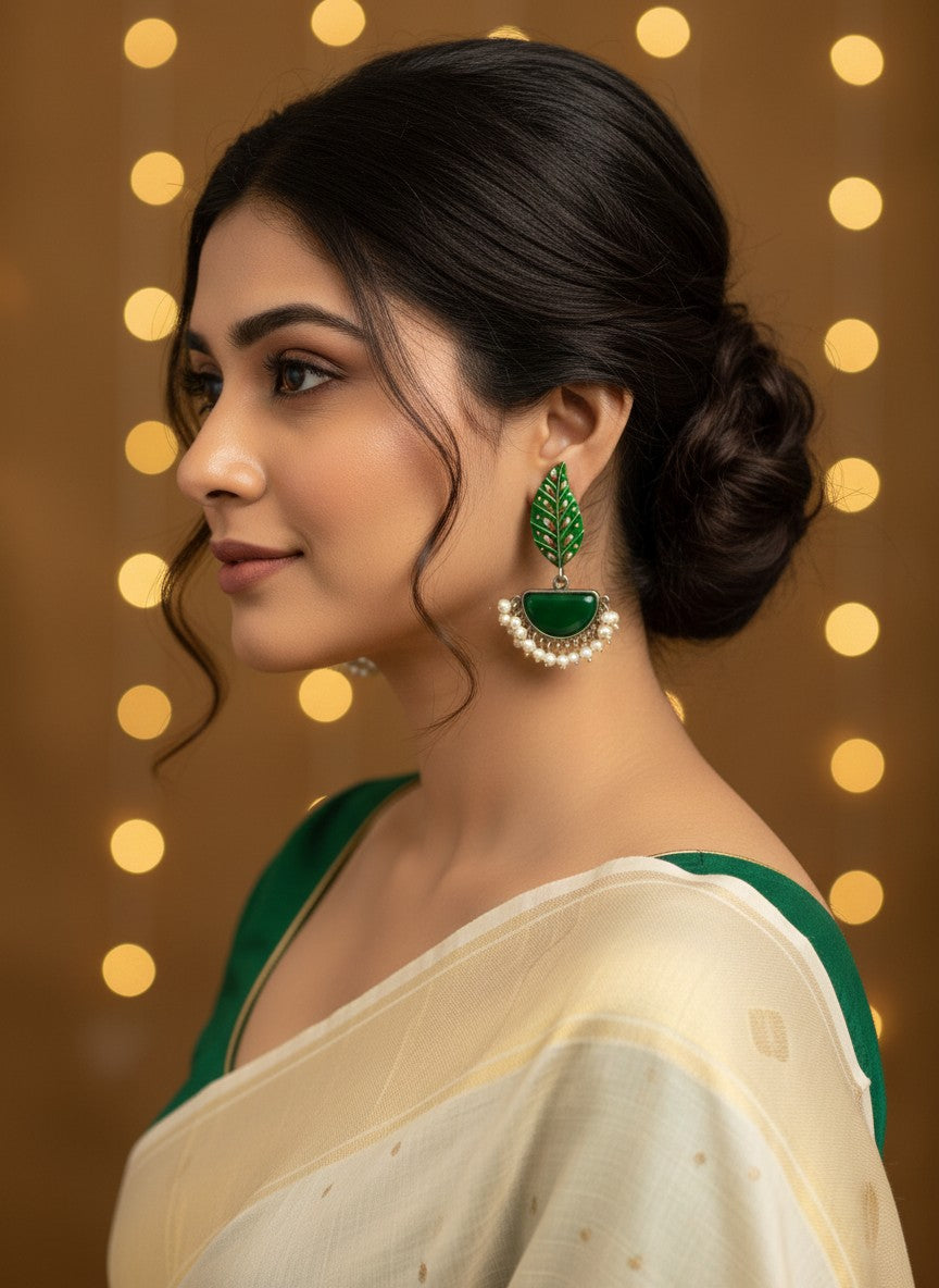 Silver Oxidized Handpainted Leaf & Green Monalisa Stone Earrings for Women - Festive Wear