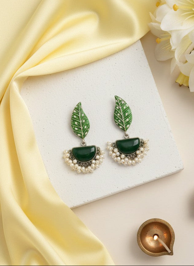 Silver Oxidized Handpainted Leaf & Green Monalisa Stone Earrings for Women - Festive Wear