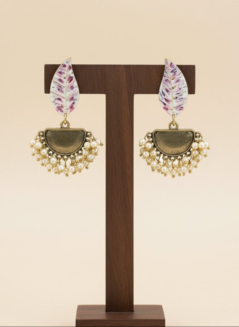 Silver Oxidized Handpainted Leaf & Grey Monalisa Stone Earrings for Women - Festive Wear