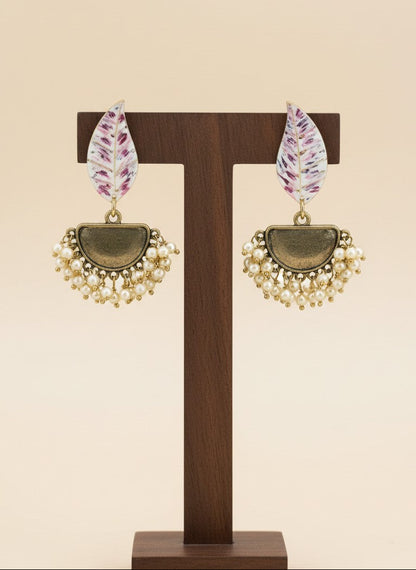 Silver Oxidized Handpainted Leaf & Grey Monalisa Stone Earrings for Women - Festive Wear