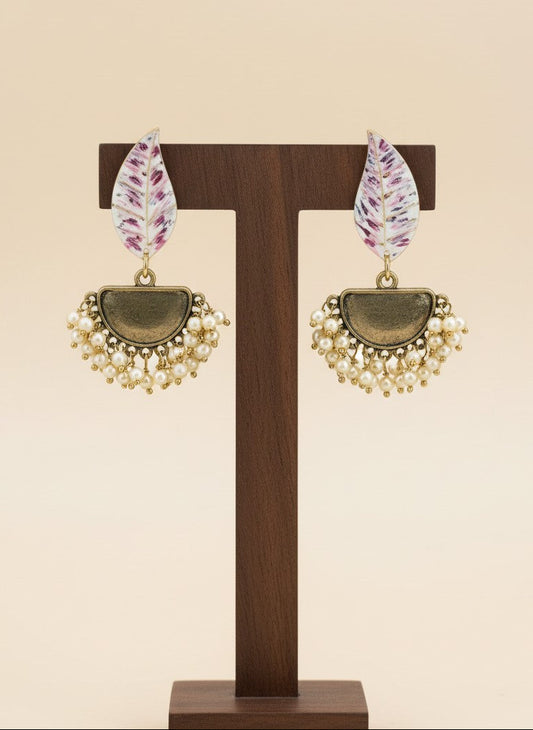 Silver Oxidized Handpainted Leaf & Grey Monalisa Stone Earrings for Women - Festive Wear