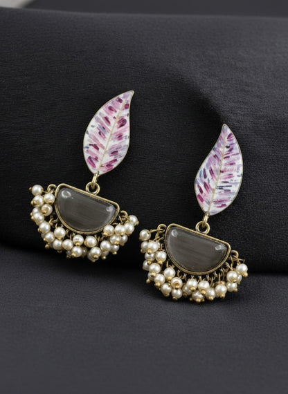 Silver Oxidized Handpainted Leaf & Grey Monalisa Stone Earrings for Women - Festive Wear