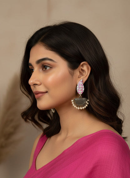 Silver Oxidized Handpainted Leaf & Grey Monalisa Stone Earrings for Women - Festive Wear