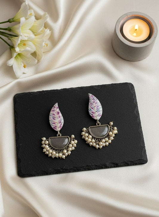 Silver Oxidized Handpainted Leaf & Grey Monalisa Stone Earrings for Women - Festive Wear
