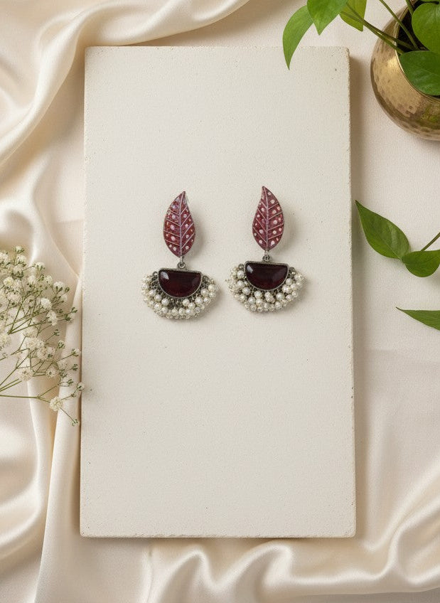 Silver Oxidized Handpainted Leaf & Maroon Monalisa Stone Earrings for Women - Festive Wear