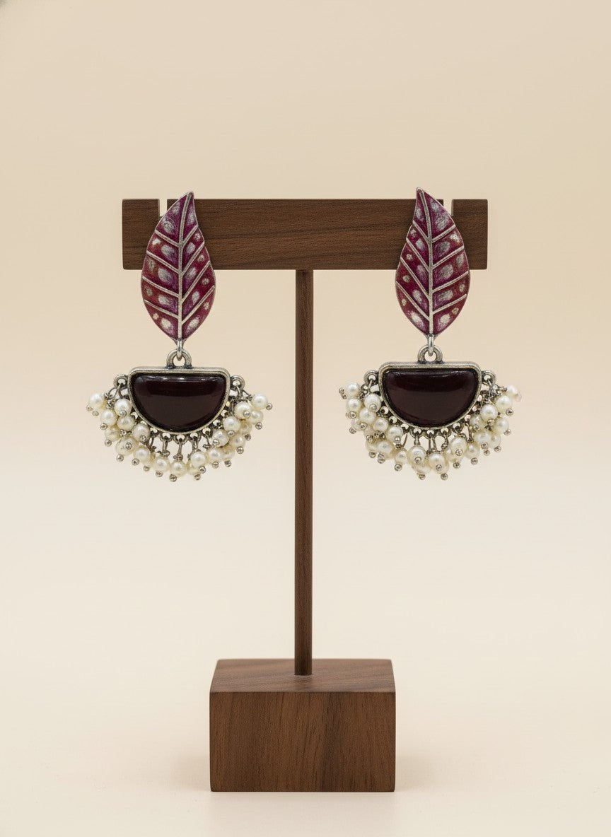 Silver Oxidized Handpainted Leaf & Maroon Monalisa Stone Earrings for Women - Festive Wear