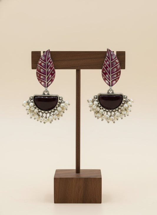 Silver Oxidized Handpainted Leaf & Maroon Monalisa Stone Earrings for Women - Festive Wear