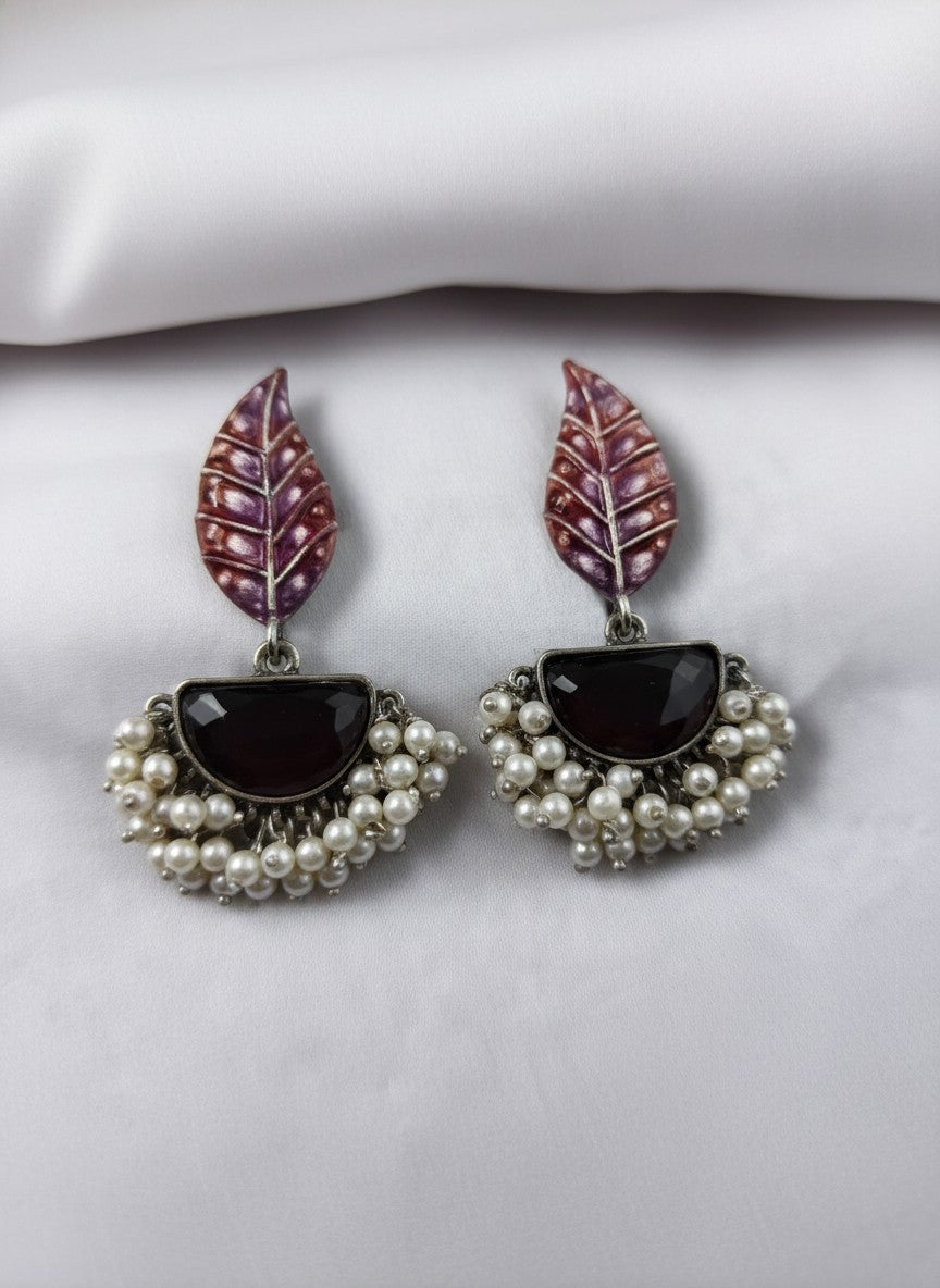 Silver Oxidized Handpainted Leaf & Maroon Monalisa Stone Earrings for Women - Festive Wear