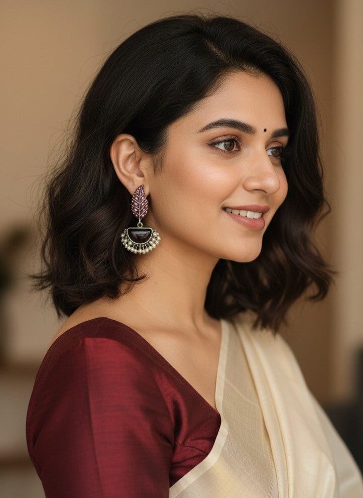 Silver Oxidized Handpainted Leaf & Maroon Monalisa Stone Earrings for Women - Festive Wear
