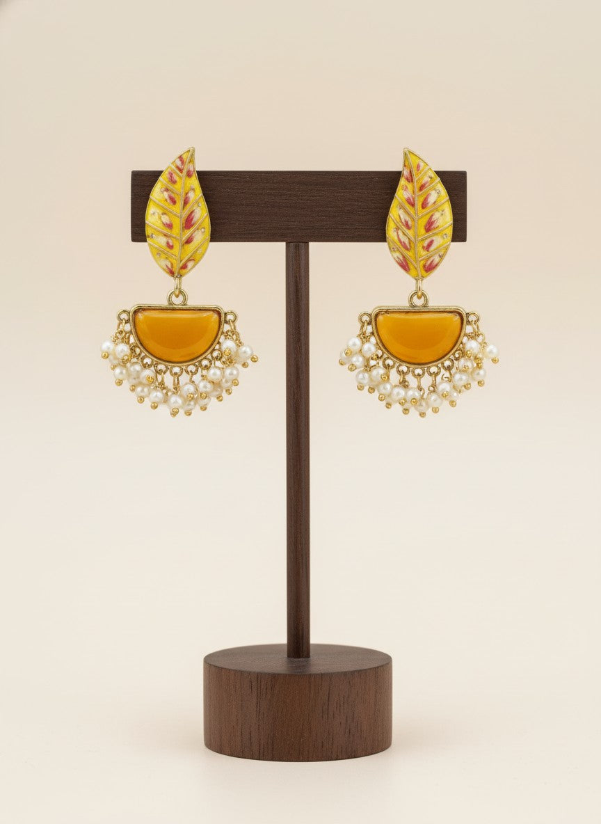 Silver Oxidized Handpainted Leaf & Yellow Monalisa Stone Earrings for Women - Festive Wear 