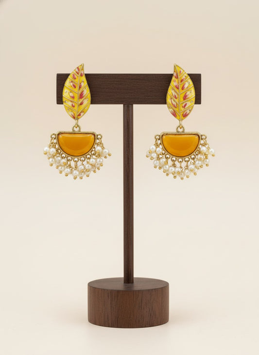 Silver Oxidized Handpainted Leaf & Yellow Monalisa Stone Earrings for Women - Festive Wear 