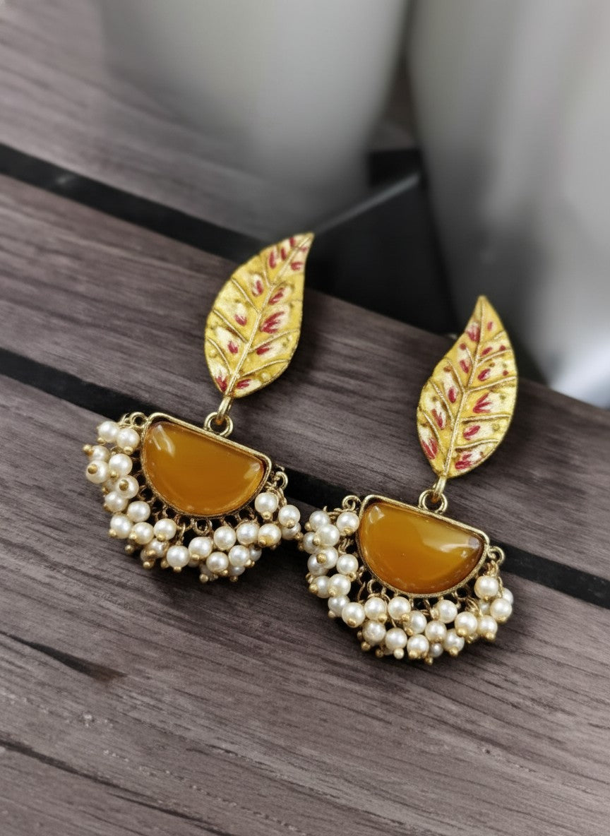 Silver Oxidized Handpainted Leaf & Yellow Monalisa Stone Earrings for Women - Festive Wear 