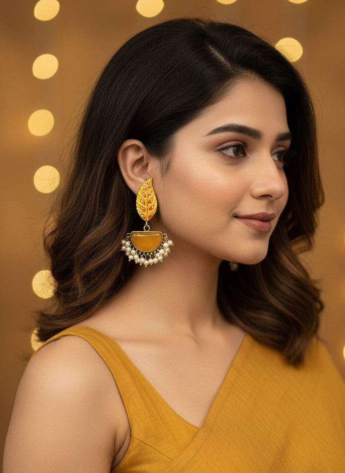 Silver Oxidized Handpainted Leaf & Yellow Monalisa Stone Earrings for Women - Festive Wear 