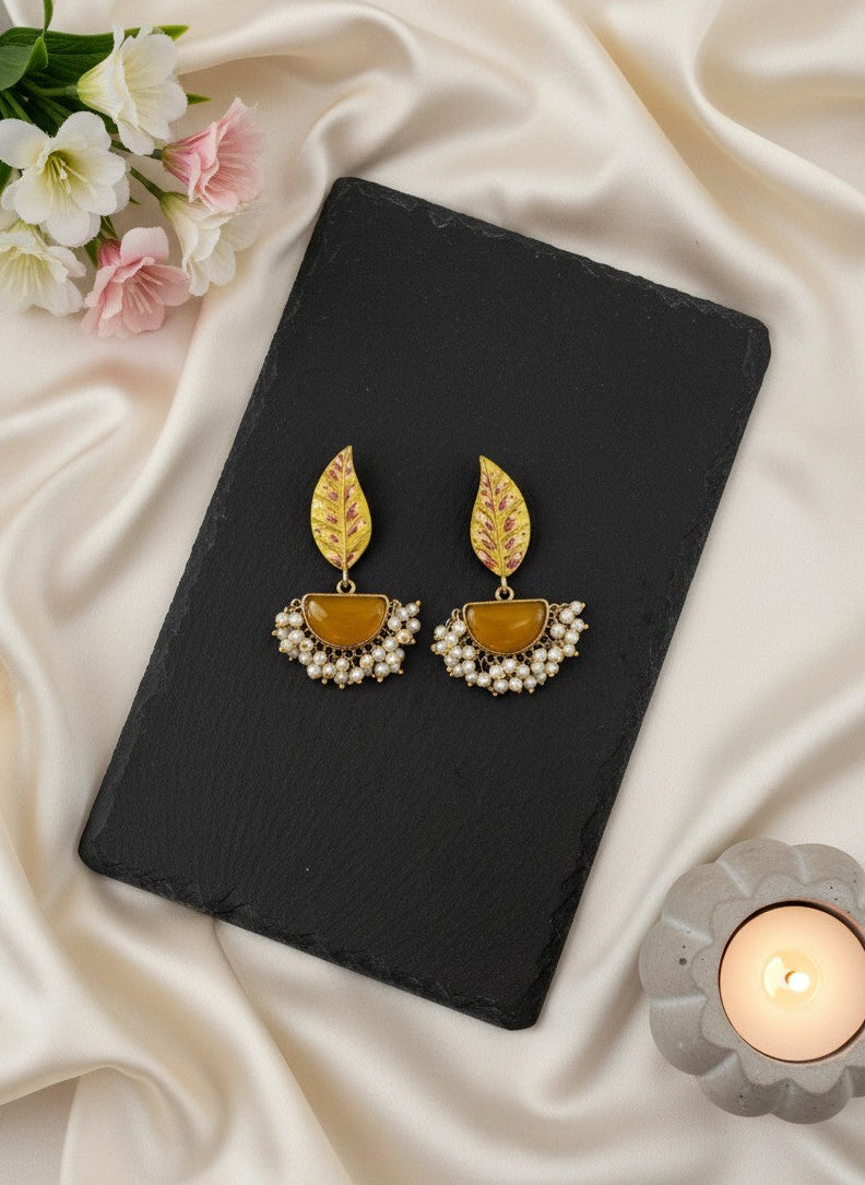 Silver Oxidized Handpainted Leaf & Yellow Monalisa Stone Earrings for Women - Festive Wear 