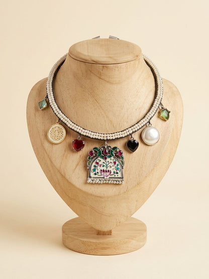 Silver Oxidized  Hasli Necklace with Hand-Painted Enamel Pendant & Multicolor Embellishments Charms for Women - Ethnic Wear