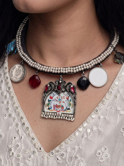 Silver Oxidized  Hasli Necklace with Hand-Painted Enamel Pendant & Multicolor Embellishments Charms for Women - Ethnic Wear