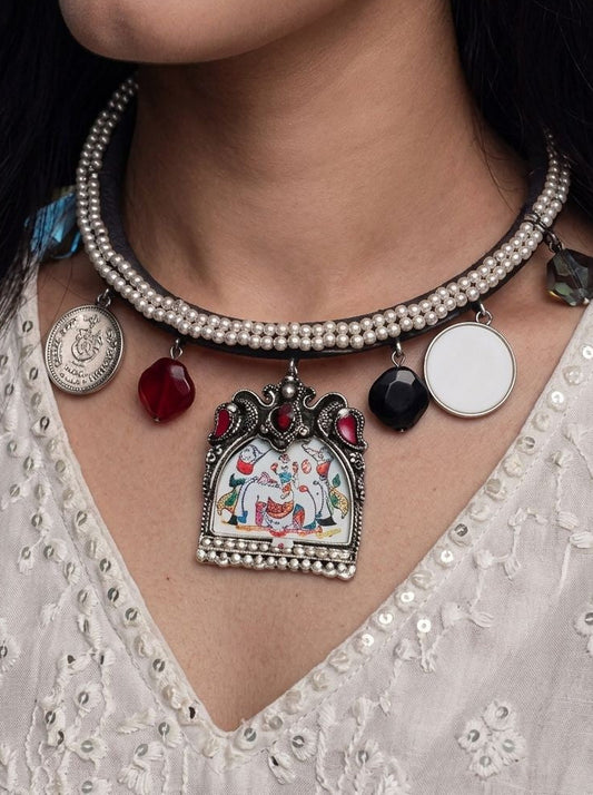 Silver Oxidized  Hasli Necklace with Hand-Painted Enamel Pendant & Multicolor Embellishments Charms for Women - Ethnic Wear