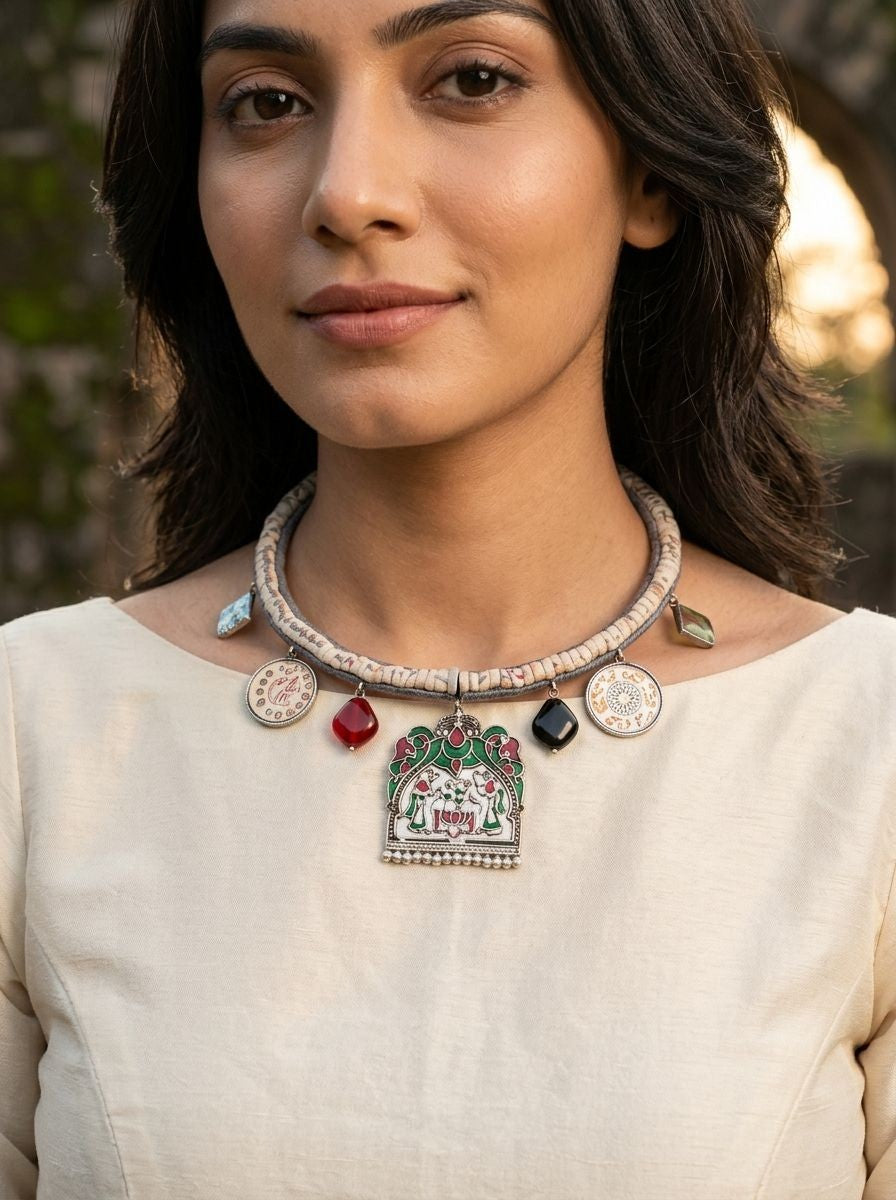 Silver Oxidized  Hasli Necklace with Hand-Painted Enamel Pendant & Multicolor Embellishments Charms for Women - Ethnic Wear