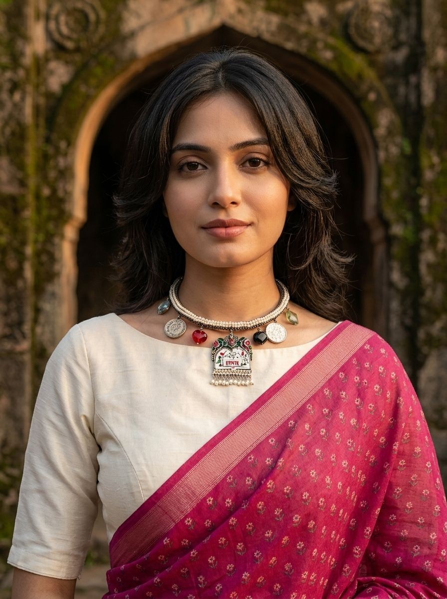 Silver Oxidized  Hasli Necklace with Hand-Painted Enamel Pendant & Multicolor Embellishments Charms for Women - Ethnic Wear