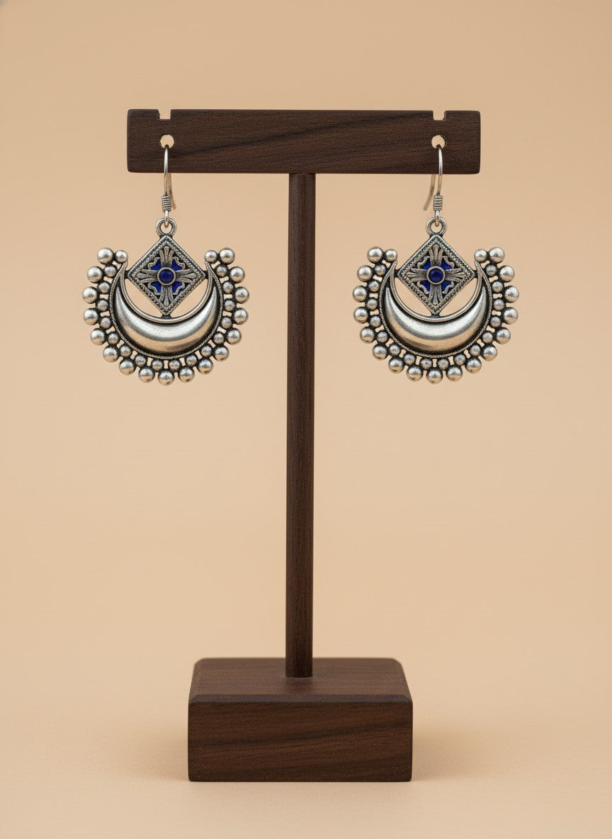 Silver Oxidized Layered Crescent Hook Earrings with Geometric Stone Detail & Beading for Women - Everyday Wear