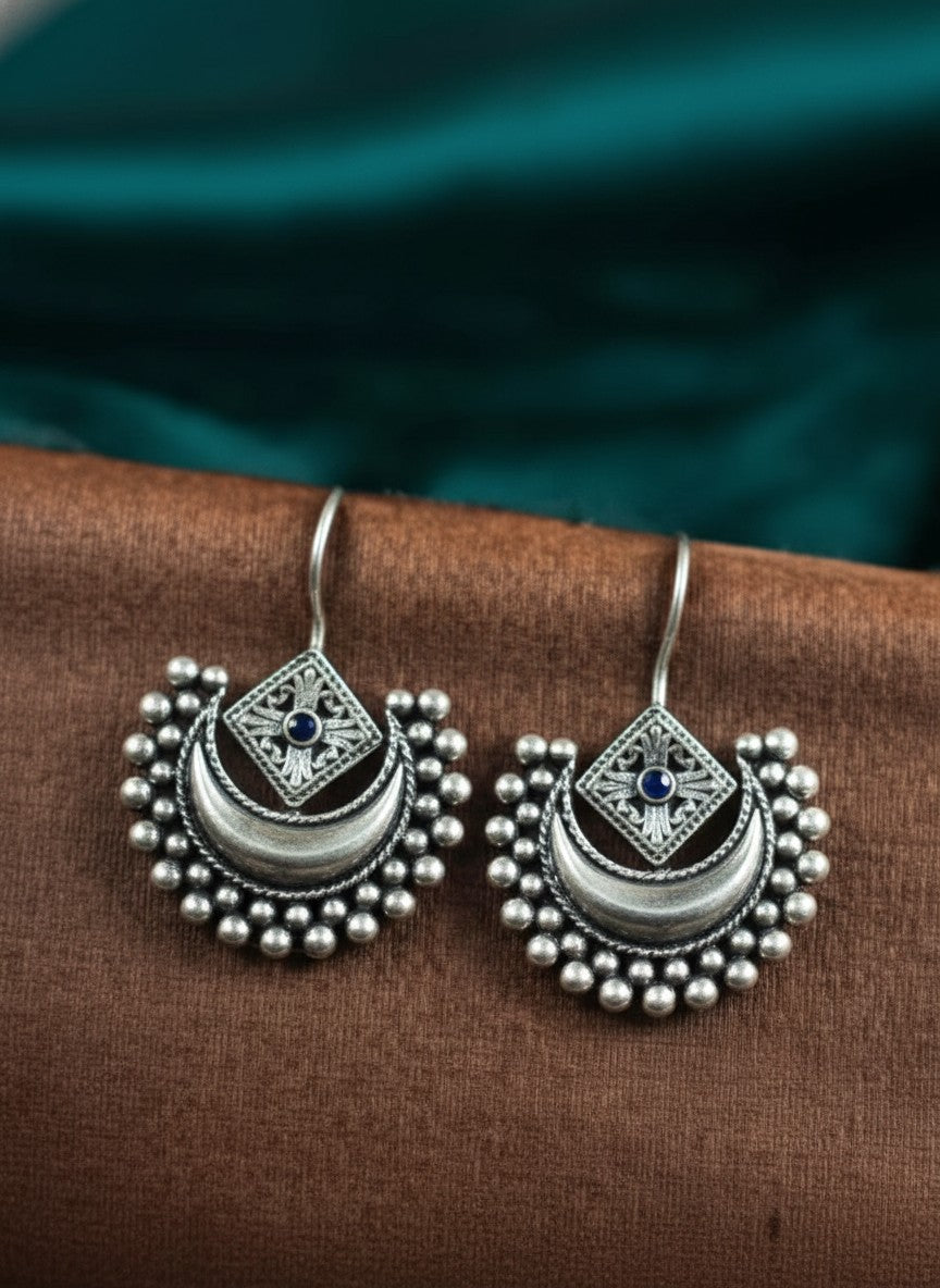 Silver Oxidized Layered Crescent Hook Earrings with Geometric Stone Detail & Beading for Women - Everyday Wear