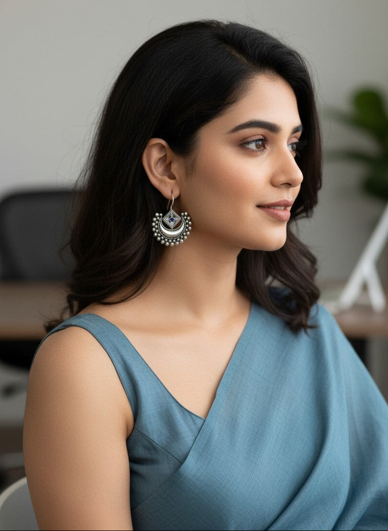 Model wearing Silver Oxidized Layered Crescent Hook Earrings with Geometric Stone Detail & Beading for Women - Everyday Wear