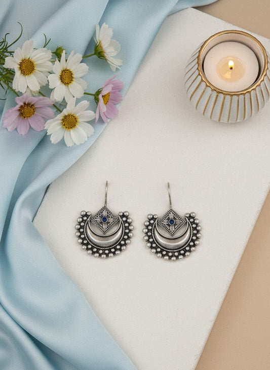 Silver Oxidized Layered Crescent Hook Earrings with Geometric Stone Detail & Beading for Women - Everyday Wear