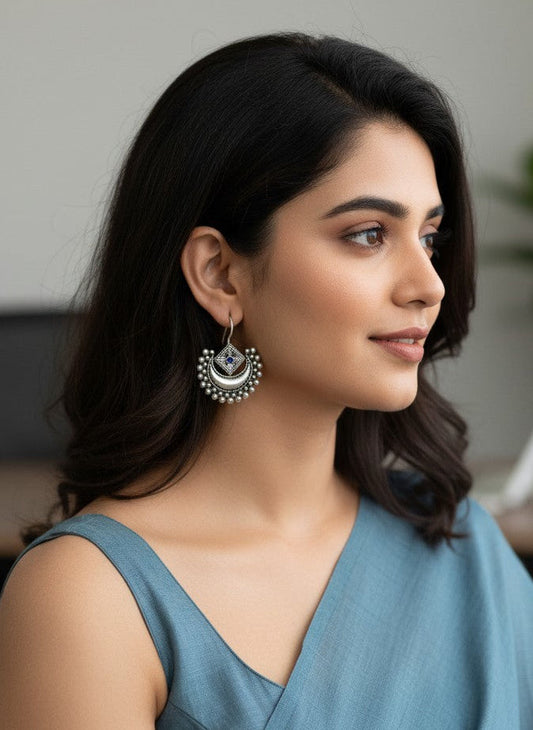 Model wearing Silver Oxidized Layered Crescent Hook Earrings with Geometric Stone Detail & Beading for Women - Everyday Wear