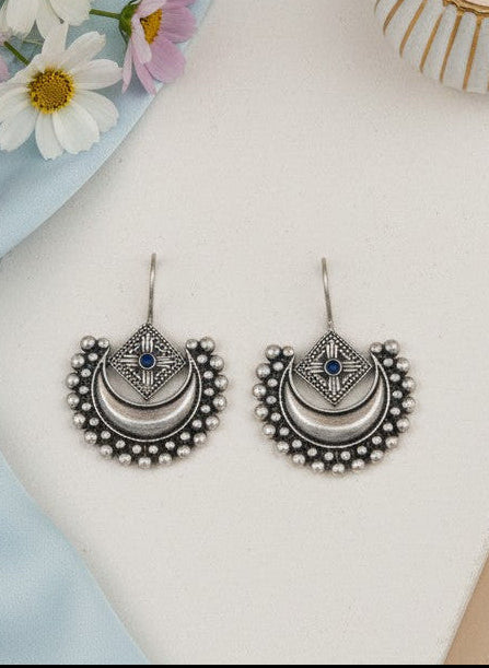 Silver Oxidized Layered Crescent Hook Earrings with Geometric Stone Detail & Beading for Women - Everyday Wear