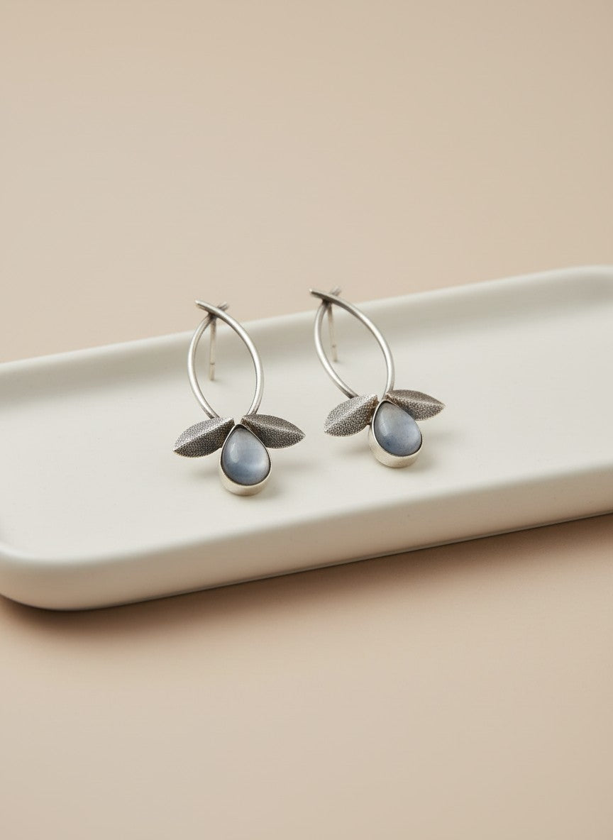 Silver Oxidized Leaf Design Earrings with Grey Stone Drop for Women - All Occasions Wear