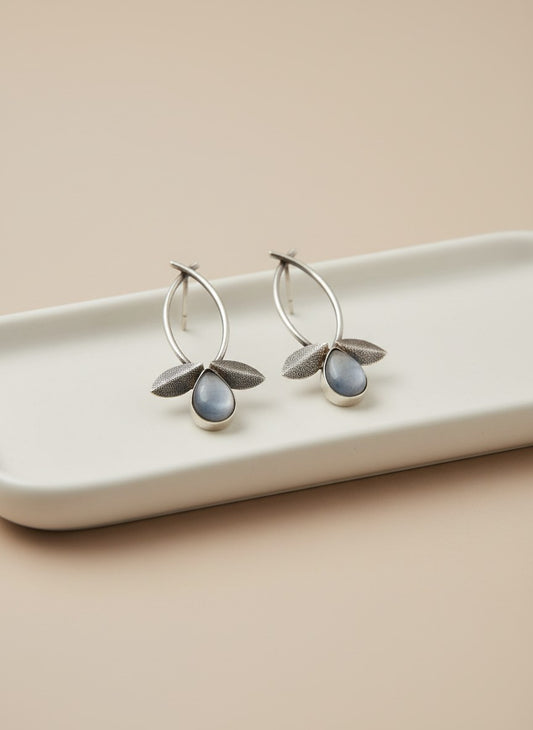 Silver Oxidized Leaf Design Earrings with Grey Stone Drop for Women - All Occasions Wear