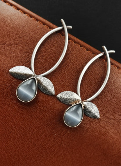 Silver Oxidized Leaf Design Earrings with Grey Stone Drop for Women - All Occasions Wear