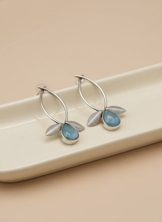 Silver Oxidized Leaf Design Earrings with Mint Stone Drop for Women - All Occasions Wear 