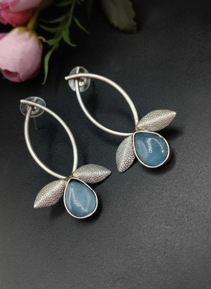 Silver Oxidized Leaf Design Earrings with Mint Stone Drop for Women - All Occasions Wear 
