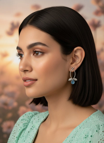 Silver Oxidized Leaf Design Earrings with Mint Stone Drop for Women - All Occasions Wear 