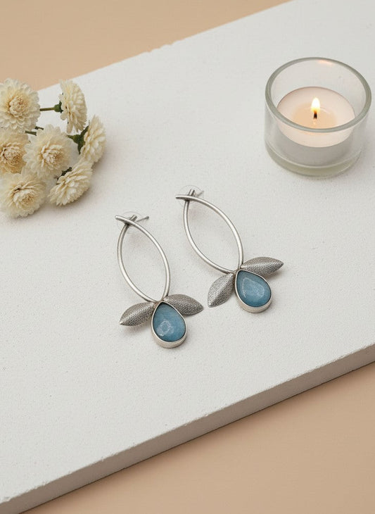 Silver Oxidized Leaf Design Earrings with Mint Stone Drop for Women - All Occasions Wear 