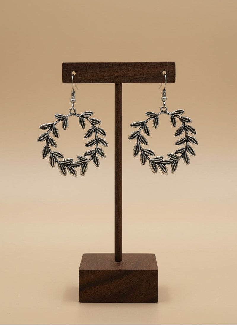 Silver Oxidized Leaf Wreath Hook Earrings for Women - Casual Everyday Wear