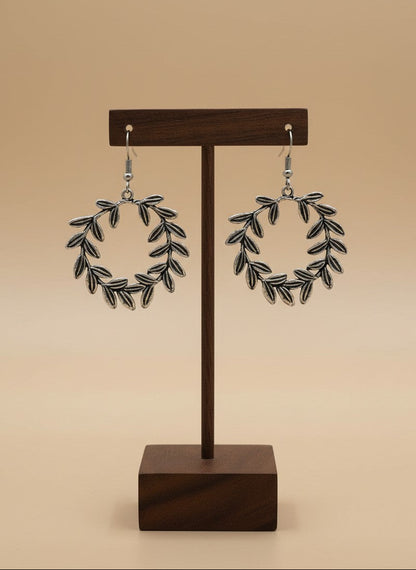 Silver Oxidized Leaf Wreath Hook Earrings for Women - Casual Everyday Wear