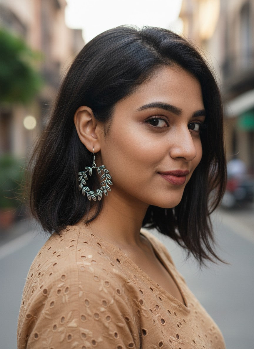 Silver Oxidized Leaf Wreath Hook Earrings for Women - Casual Everyday Wear