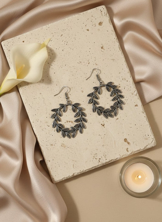 Silver Oxidized Leaf Wreath Hook Earrings for Women - Casual Everyday Wear