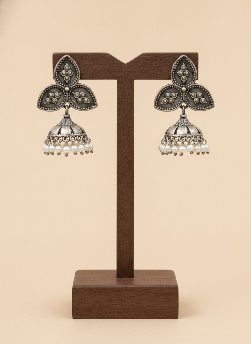 Silver Oxidized  Leaf stud and Jhumka with Pearl Drops for Women - Ethnic Everyday Wear