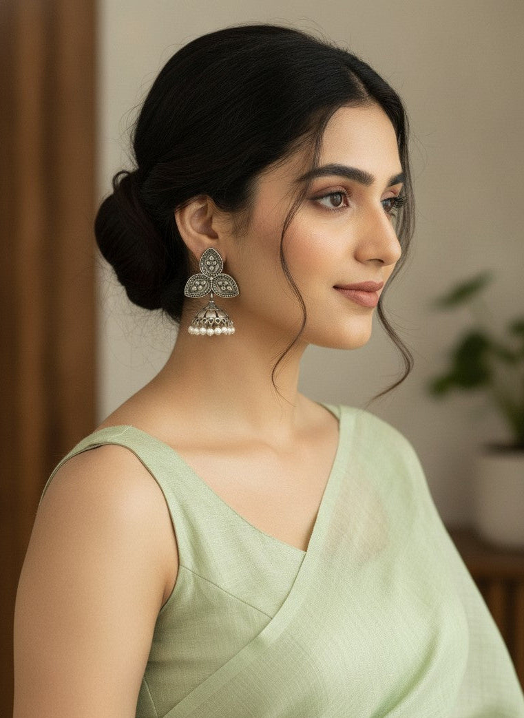 Silver Oxidized  Leaf stud and Jhumka with Pearl Drops for Women - Ethnic Everyday Wear