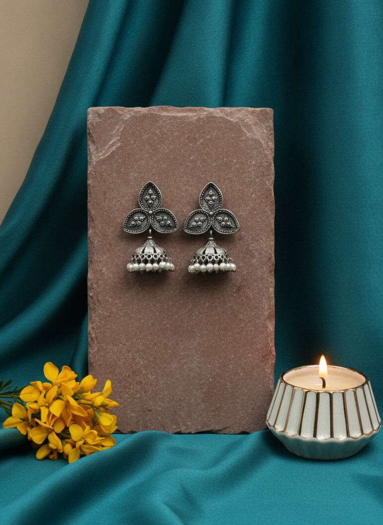 Silver Oxidized  Leaf stud and Jhumka with Pearl Drops for Women - Ethnic Everyday Wear