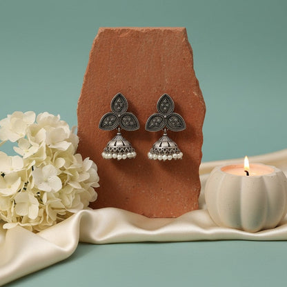 Silver Oxidized Leaf Motif Jhumkas with Pearl detailing