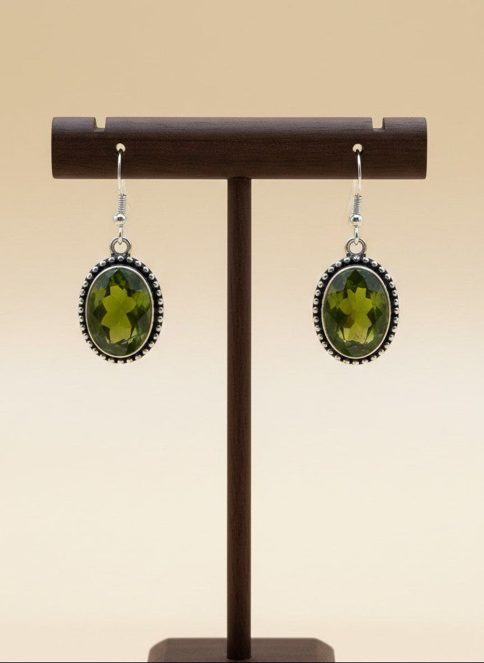Silver Oxidized Lime Green Stone Oval Hook Earrings for Women - Minimal Wear