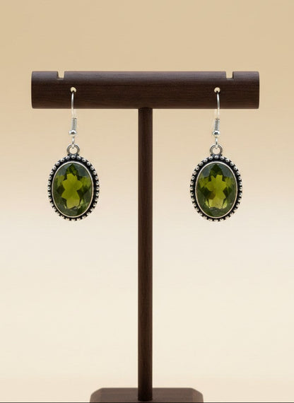 Silver Oxidized Lime Green Stone Oval Hook Earrings for Women - Minimal Wear