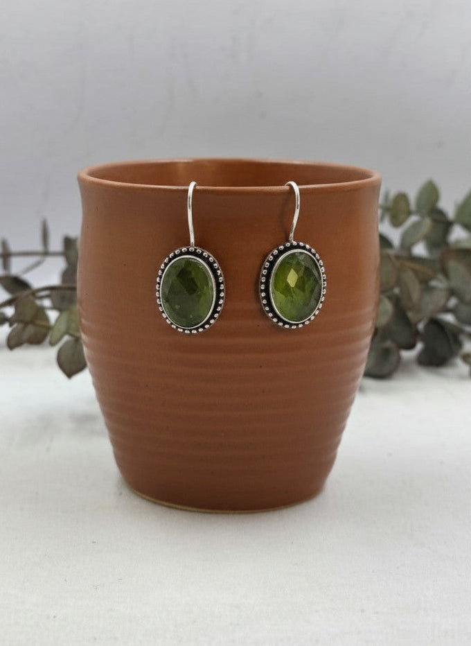 Silver Oxidized Lime Green Stone Oval Hook Earrings for Women - Minimal Wear