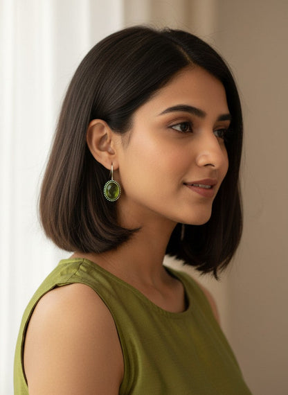 Silver Oxidized Lime Green Stone Oval Hook Earrings for Women - Minimal Wear