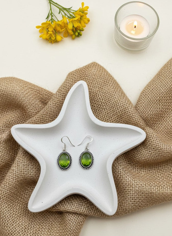 Silver Oxidized Lime Green Stone Oval Hook Earrings for Women - Minimal Wear