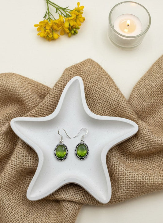 Silver Oxidized Lime Green Stone Oval Hook Earrings for Women - Minimal Wear
